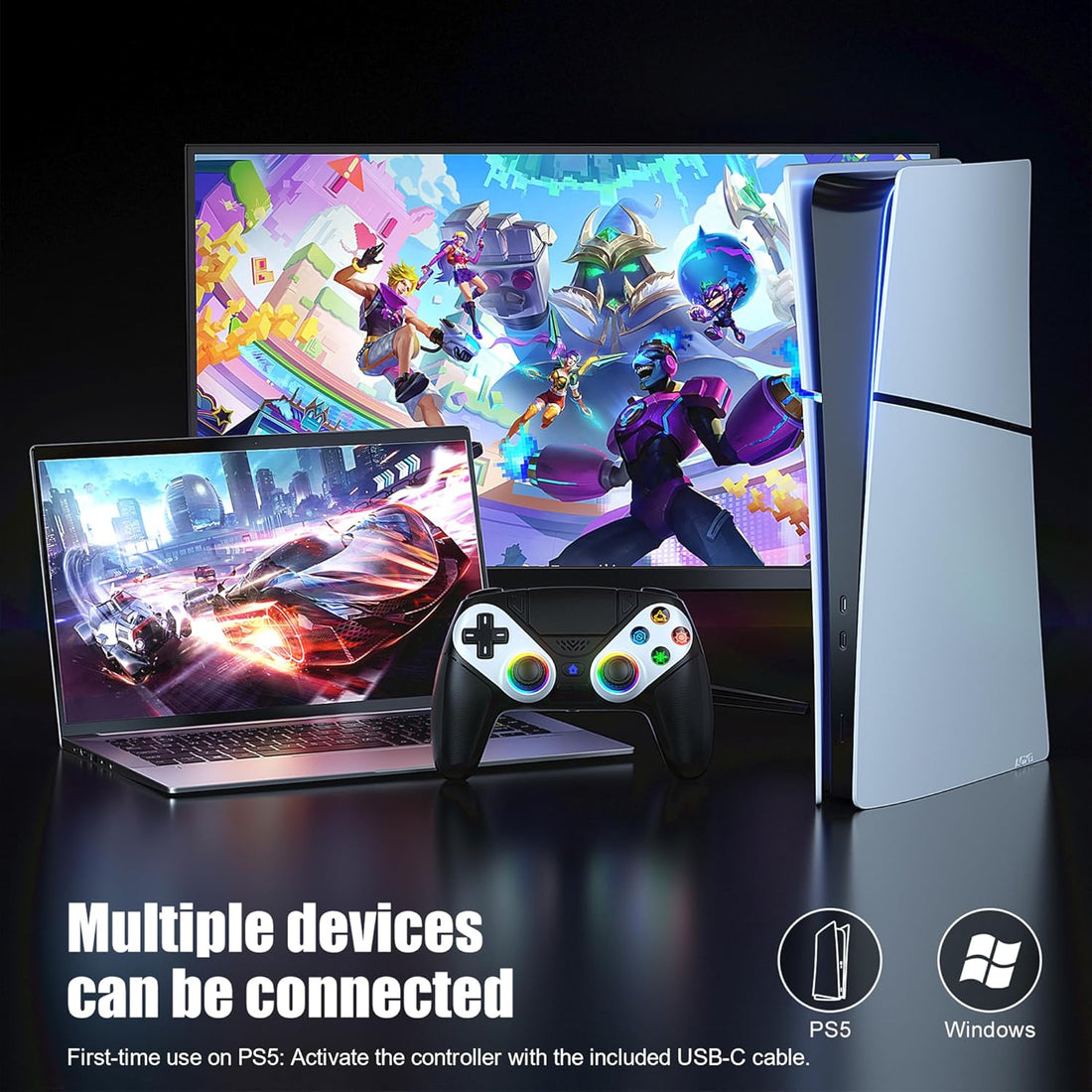 PS5 Wireless Controller with Turbo, RGB Lighting &amp; Dual Vibration